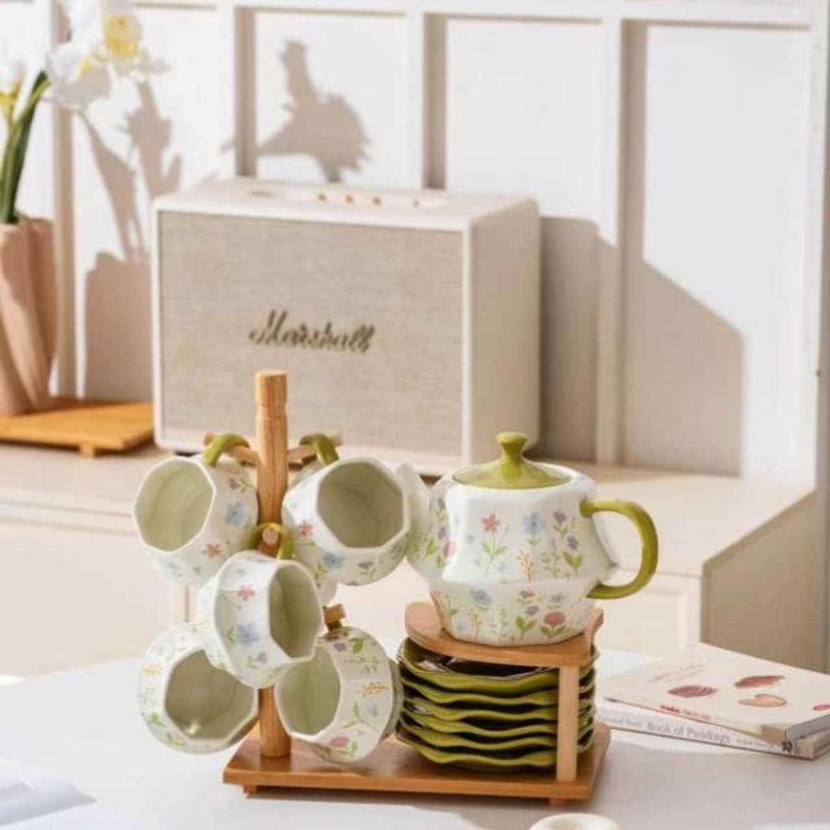 Ceramic Tea and Drinkware Set with Wooden Tray detail 3