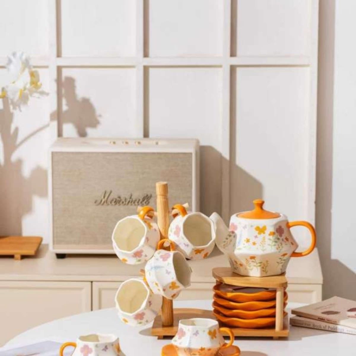 Ceramic Tea and Drinkware Set with Wooden Tray alternate view