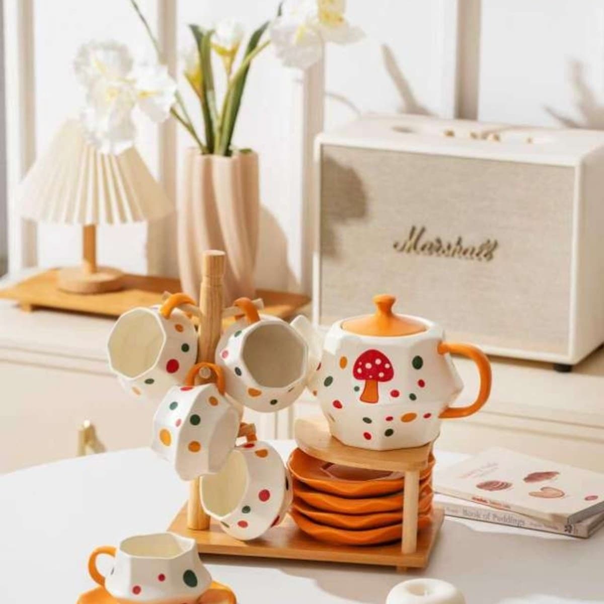 Ceramic Tea and Drinkware Set with Wooden Tray alternate view