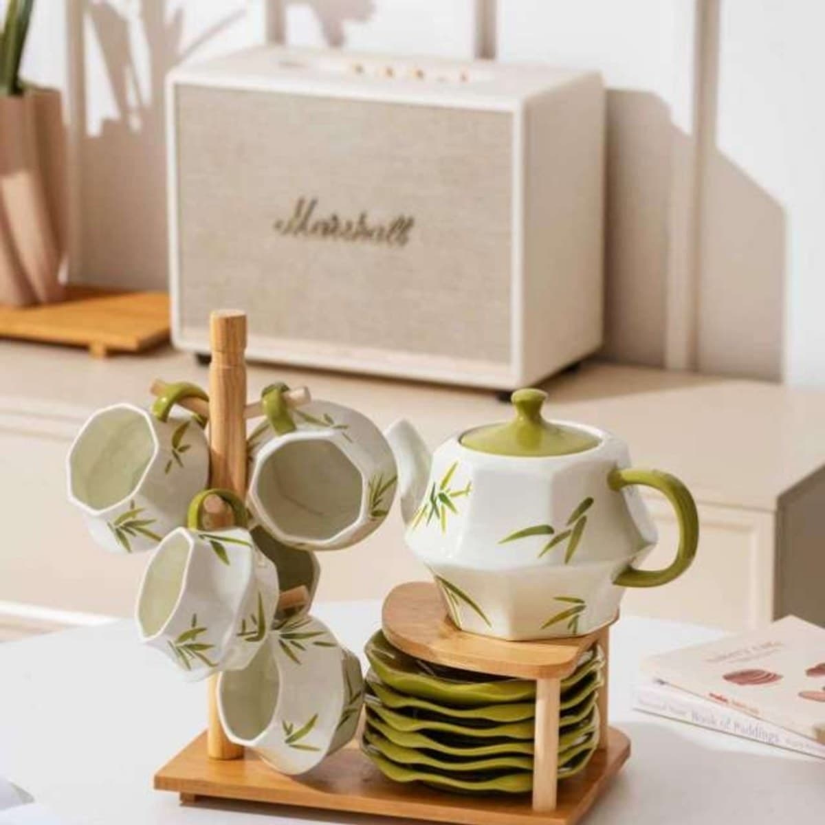 Ceramic Tea and Drinkware Set with Wooden Tray