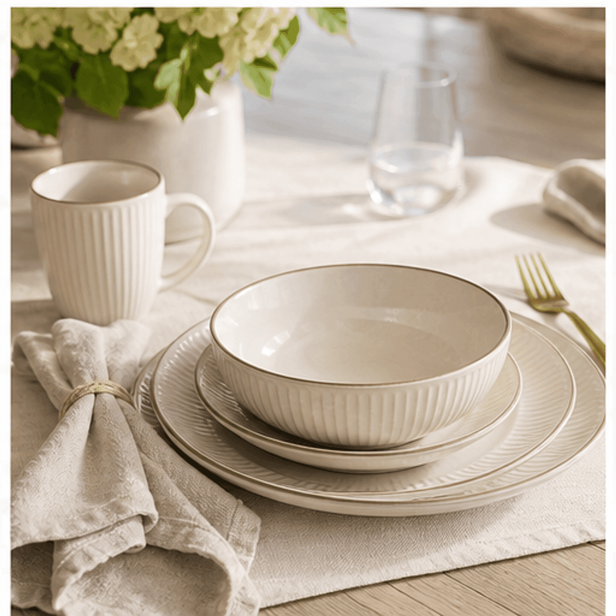 Fluted Ivory Ceramic Dinnerware Set detail 3